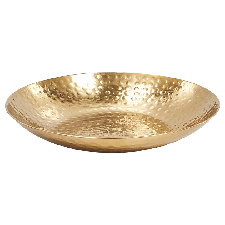 Frugtskål i guldfarvet metal 36 cm – rund borddekoration – moderne frugtskål med hamret finish i aluminium – elegant håndlavet skål