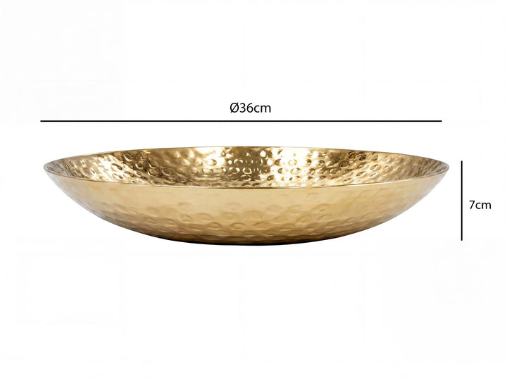 Frugtskål i guldfarvet metal 36 cm – rund borddekoration – moderne frugtskål med hamret finish i aluminium – elegant håndlavet skål