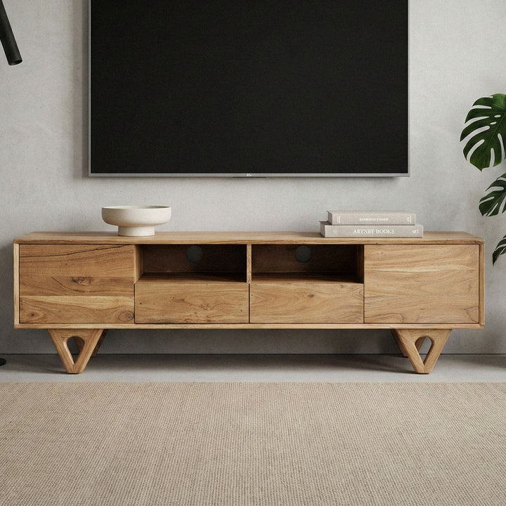 Lavt tv-bord i massivt akacietræ 160 cm - TV-møbel med låger, skuffer og åbne rum