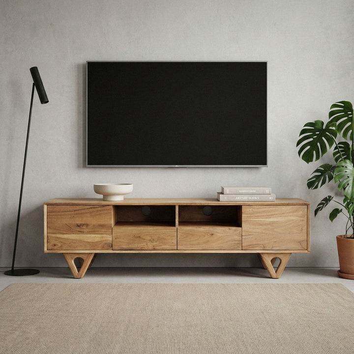 Lavt tv-bord i massivt akacietræ 160 cm - TV-møbel med låger, skuffer og åbne rum
