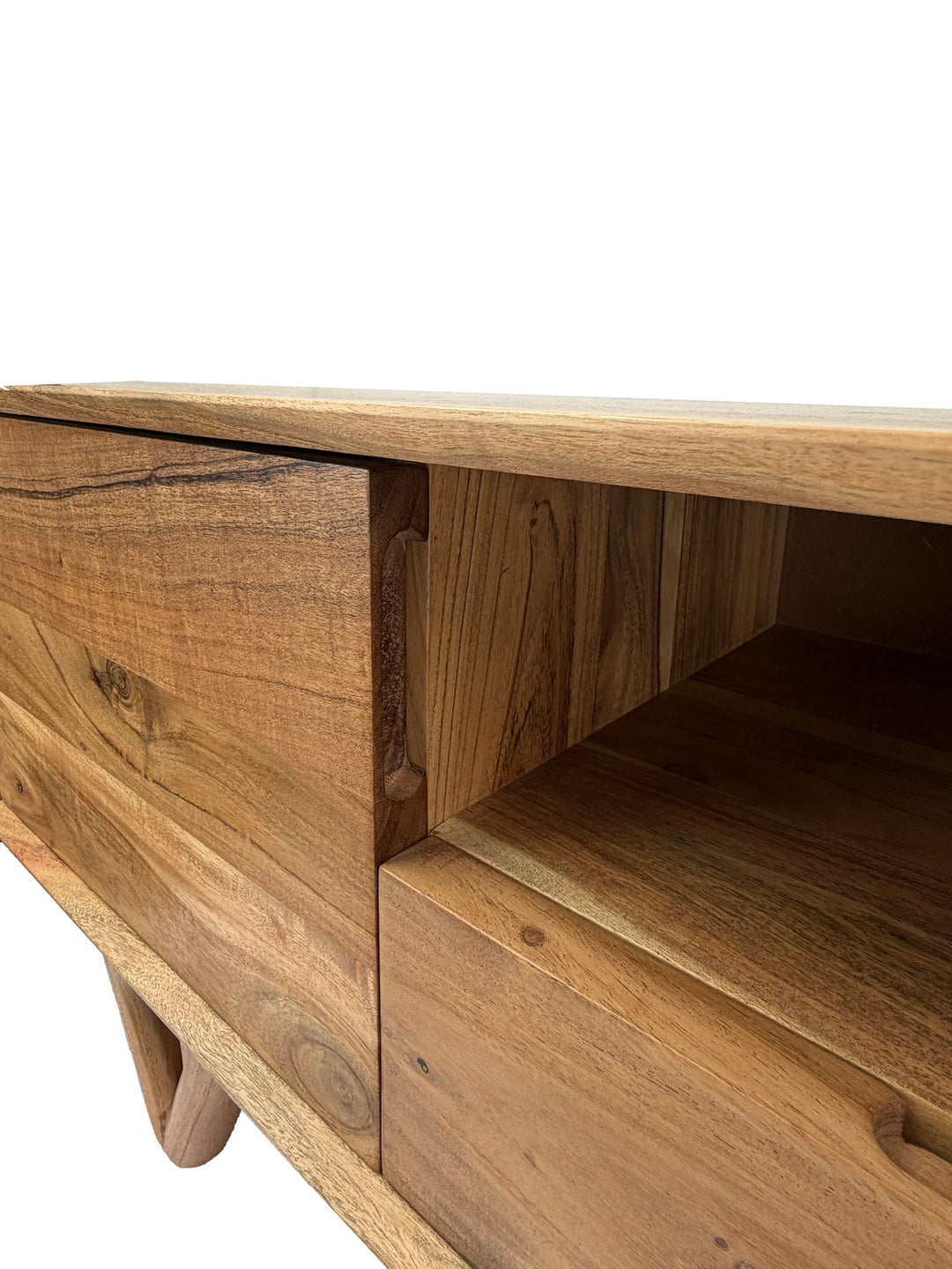 Lavt tv-bord i massivt akacietræ 160 cm - TV-møbel med låger, skuffer og åbne rum