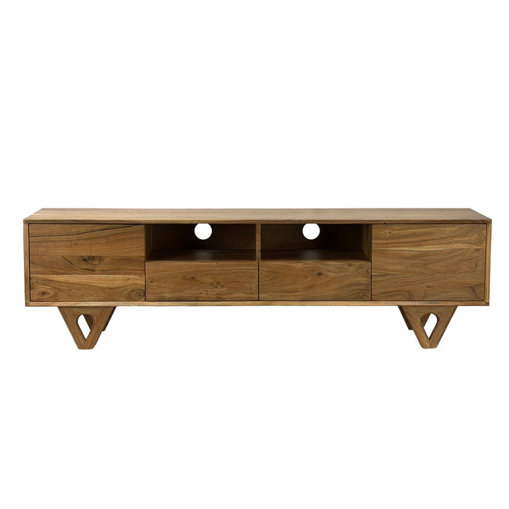 Lavt tv-bord i massivt akacietræ 160 cm - TV-møbel med låger, skuffer og åbne rum
