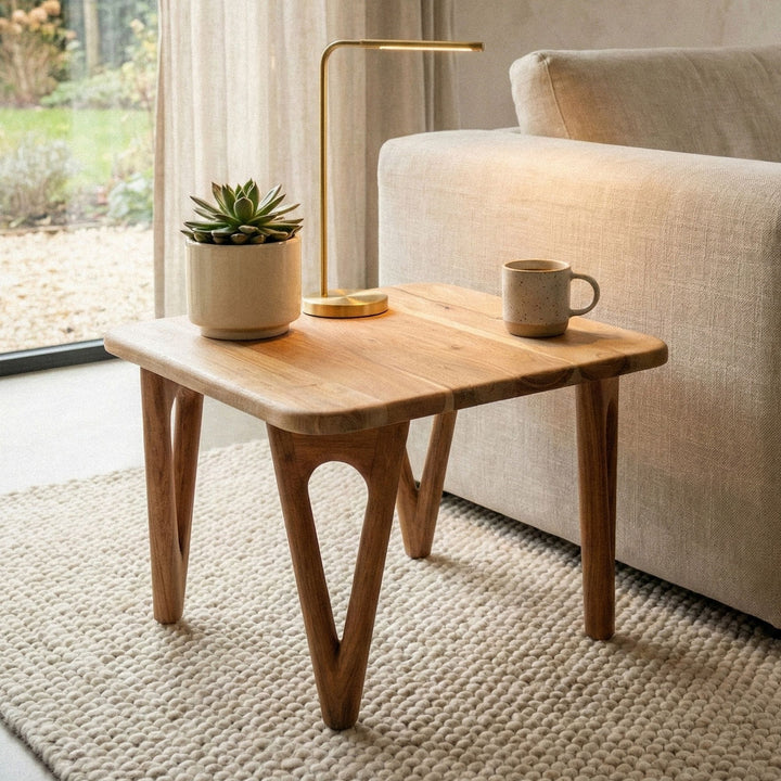 Sofabord i massivt akacietræ 60 cm - firkantet stuebord - moderne sofabord i træ - Design loungebord med afrundede hjørner, rustikt, håndlavet