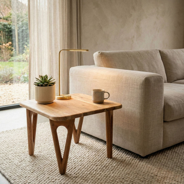 Sofabord i massivt akacietræ 60 cm - firkantet stuebord - moderne sofabord i træ - Design loungebord med afrundede hjørner, rustikt, håndlavet