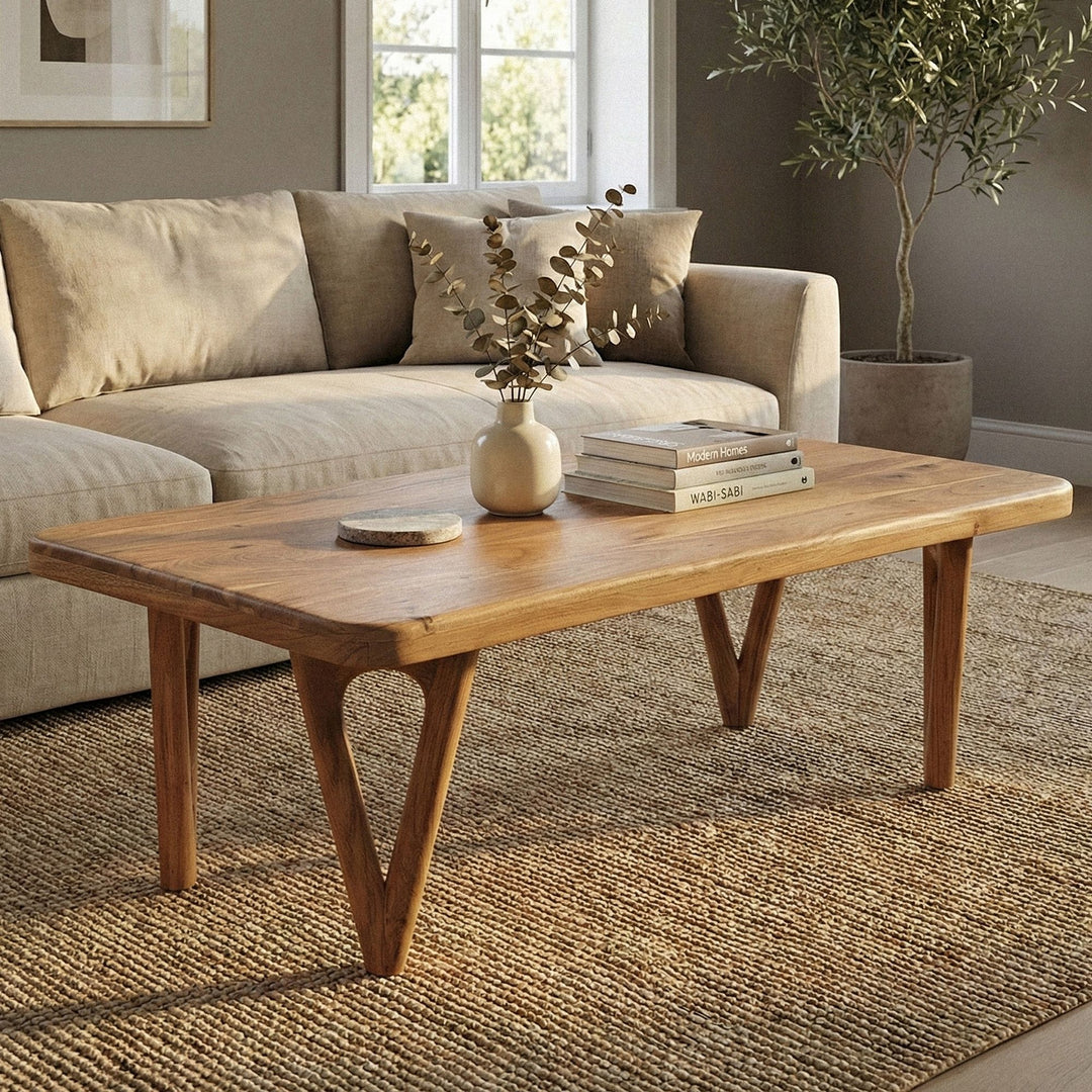 Sofabord i massivt akacietræ 120 cm - rektangulært stuebord - designer loungebord med afrundede hjørner, landligt, håndlavet