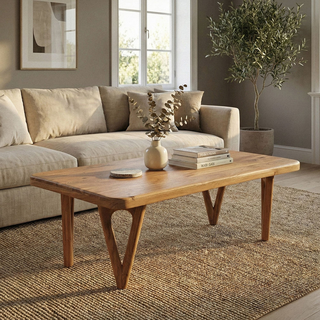 Sofabord i massivt akacietræ 120 cm - rektangulært stuebord - designer loungebord med afrundede hjørner, landligt, håndlavet