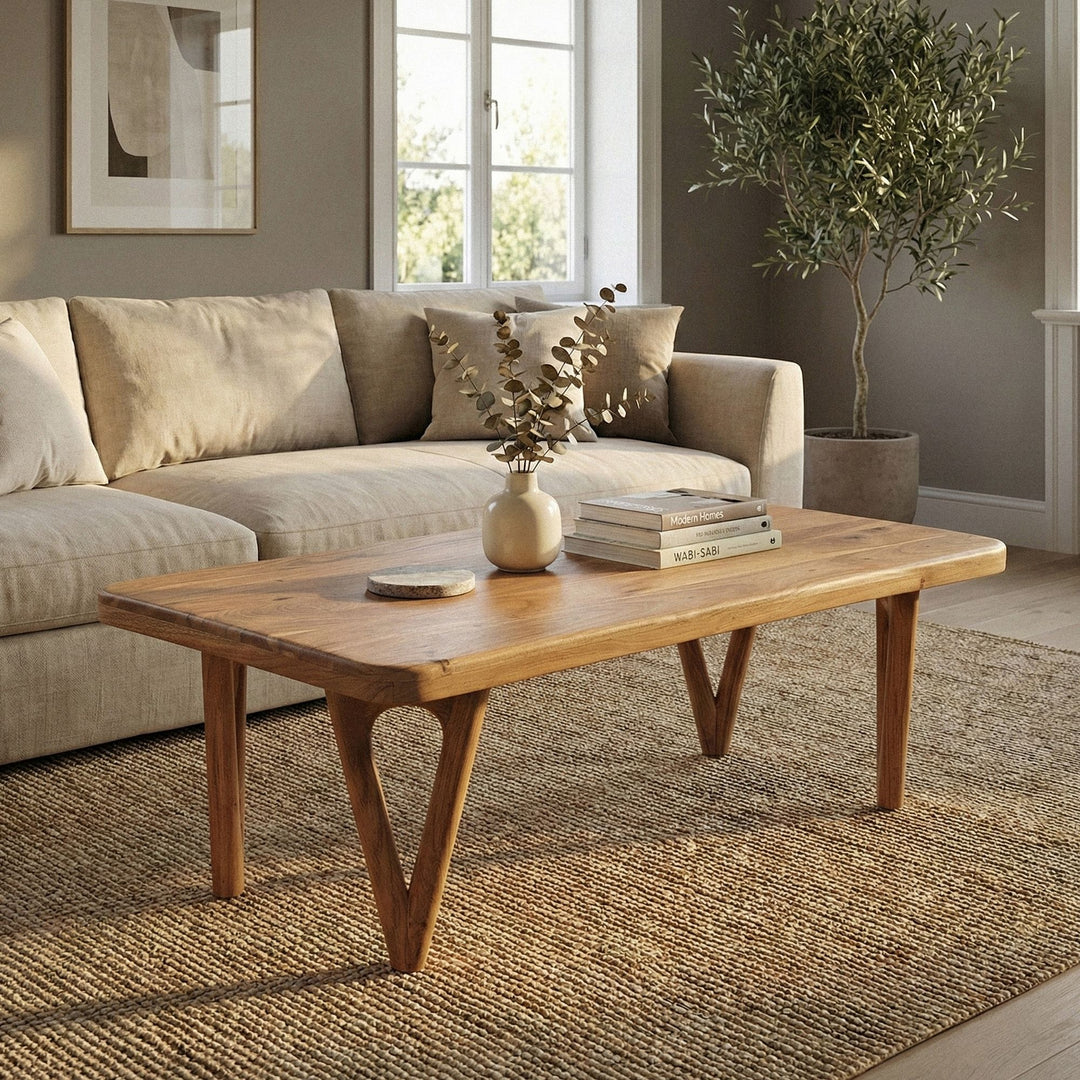 Sofabord i massivt akacietræ 120 cm - rektangulært stuebord - designer loungebord med afrundede hjørner, landligt, håndlavet