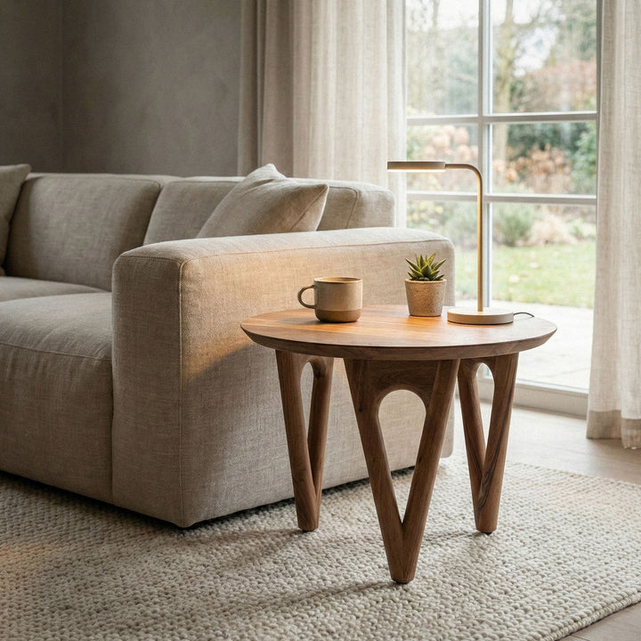 Rundt sofabord 60 cm stuebord akacie massivt træ - træsofabord - moderne loungebord - massivt designbord - landligt sidebord håndlavet