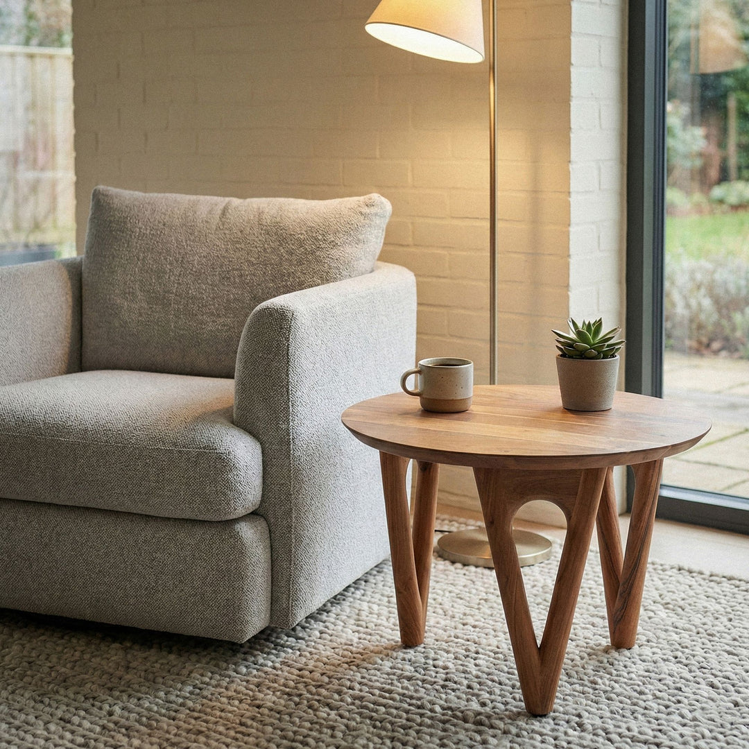 Rundt sofabord 60 cm stuebord akacie massivt træ - træsofabord - moderne loungebord - massivt designbord - landligt sidebord håndlavet