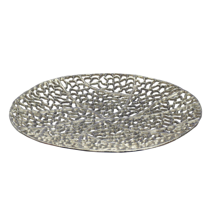 Rund dekorationsskål i aluminium med fod - Ø44 cm -  Sølvfarvet - Håndlavet