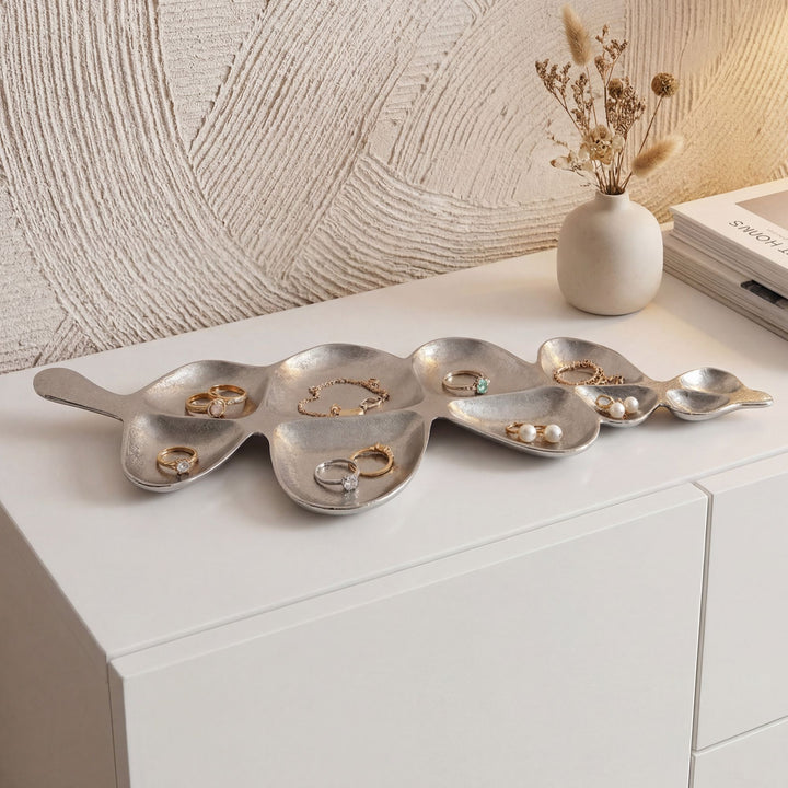 Dekorationsskål i aluminium - Bladdesign - 60,5 cm - Sølv - Håndlavet
