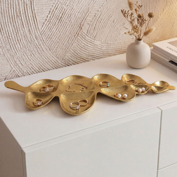 Dekorationsskål i aluminium - Bladdesign - 60,5 cm - Guldfarvet - Håndlavet