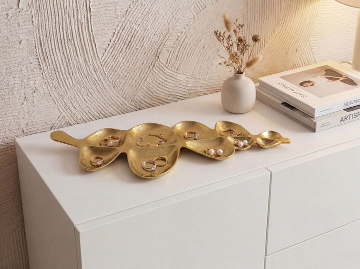 Dekorationsskål i aluminium - Bladdesign - 60,5 cm - Guldfarvet - Håndlavet