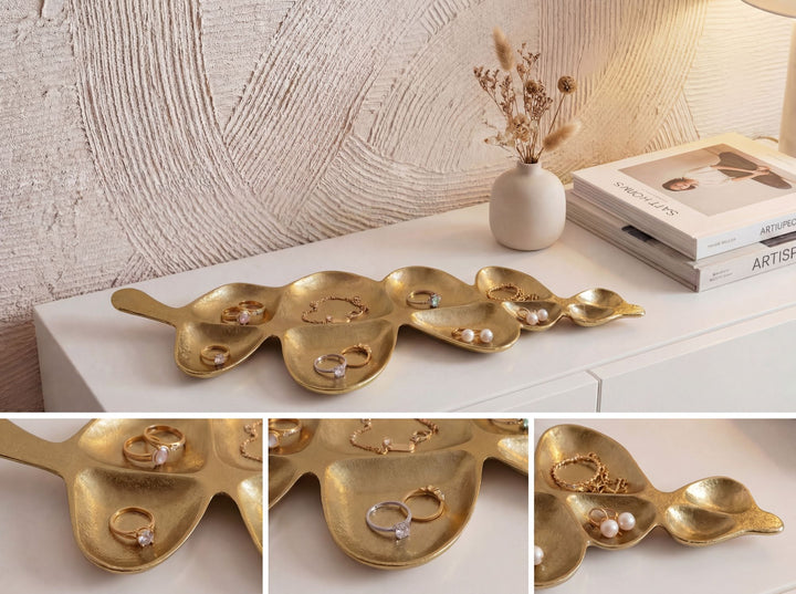 Dekorationsskål i aluminium - Bladdesign - 60,5 cm - Guldfarvet - Håndlavet