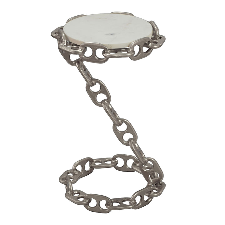 Sidebord i metal med hvid marmorbordplade 31 cm – rundt moderne sidebord i sølvfarvet metal med kædestel – elegant håndlavet sofa- og loungebord