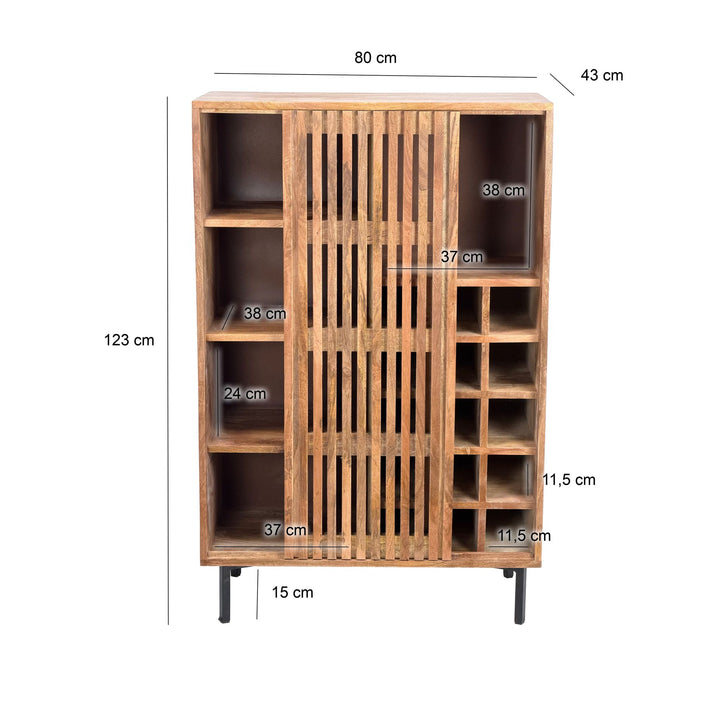 Smuk skænk med vinreol, massivt træ, 80x123cm, skydedør i gitterdesign, håndlavet