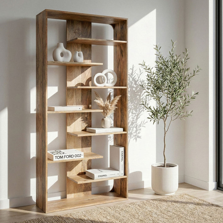 Håndlavet dekorativ designer bogreol 200cm i massivt mangotræ, Bredde: 90 cm Højde: 200 cm Dybde: 40 cm