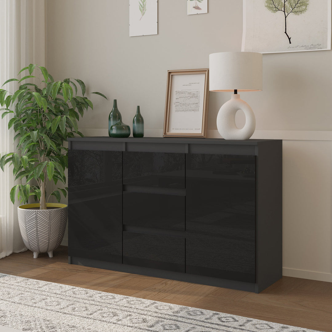 MIKEL - Kommode med 3 skuffer - antracit-grå / højglans sort H75cm B120cm D35cm