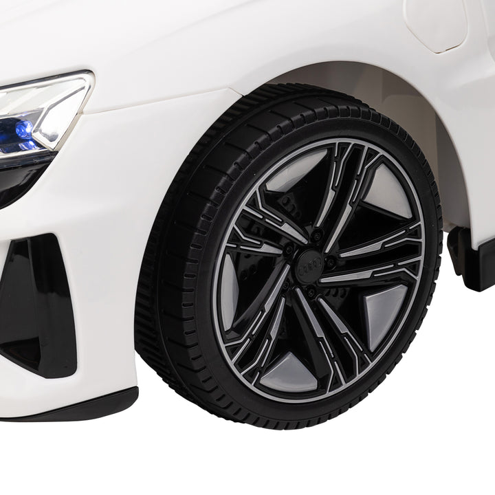 Audi RS e-tron GT elbil til børn med sikkerhedssele, fjernbetjening, forlygter, musikfunktion, hvid, 103 x 58 x 41 cm