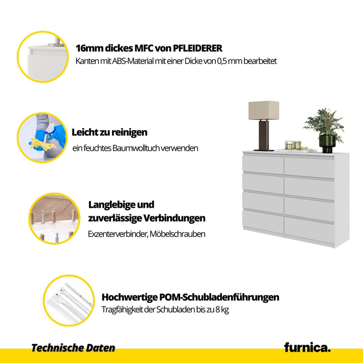 GABRIEL – kommode / sideboard med 8 skuffer – mat hvid – H92 cm B120 cm D33 cm