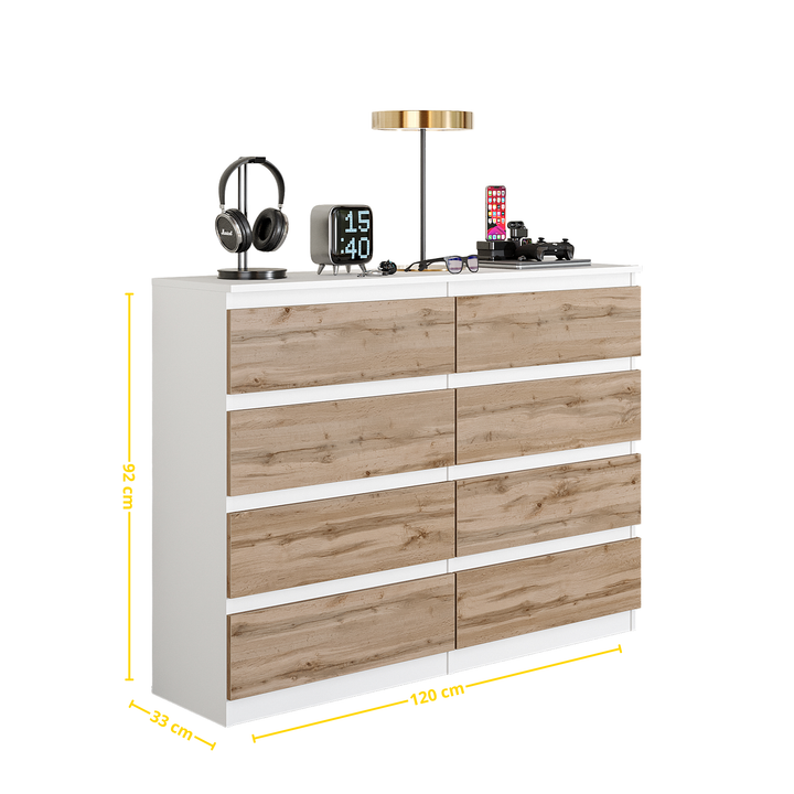 GABRIEL - Kommode / skænk med 8 skuffer - Hvid Mat / Wotan Eg H92cm B120cm D33cm