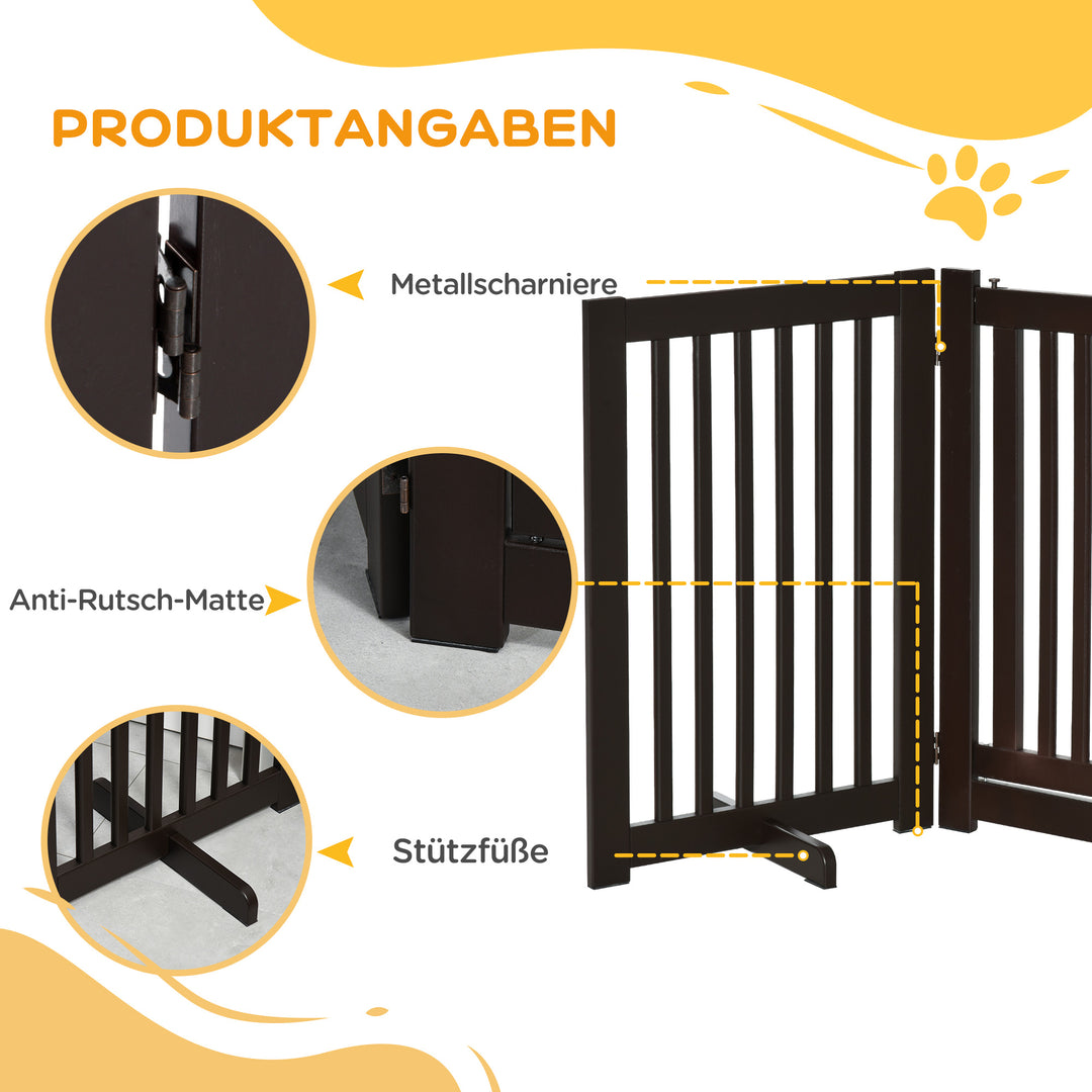 Hundegitter, fritstående, justerbar sikkerhedsgitter med fødder, 155 x 76 cm, træ, foldbar, trappegitter til trapper, døre, køkken, entre, 3 paneler, mørkebrun