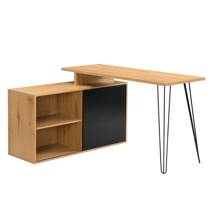 L-formet skrivebord i egetræslook med reol og opbevaring - 130 cm