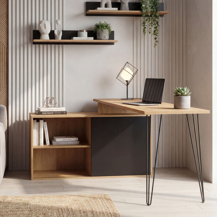 L-formet skrivebord i egetræslook med reol og opbevaring - 130 cm