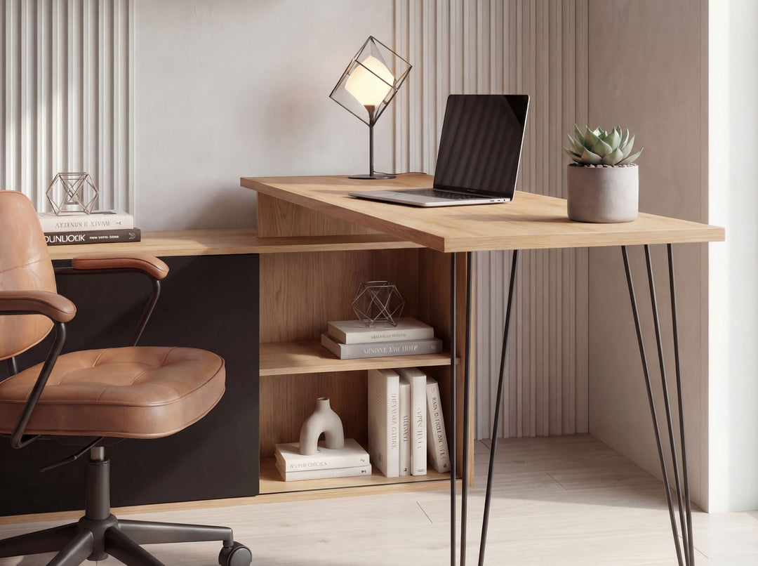 L-formet skrivebord i egetræslook med reol og opbevaring - 130 cm