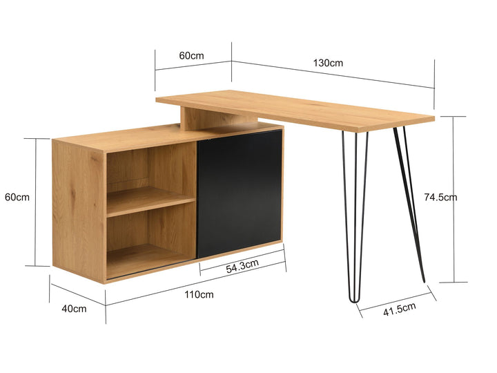 L-formet skrivebord i egetræslook med reol og opbevaring - 130 cm