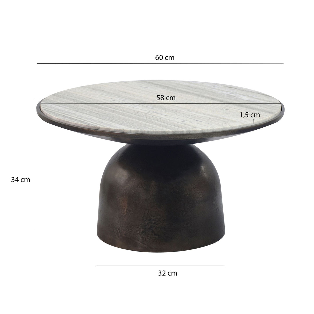Rundt sofabord i aluminium med hvid marmorbordplade - Ø60 cm - Håndlavet