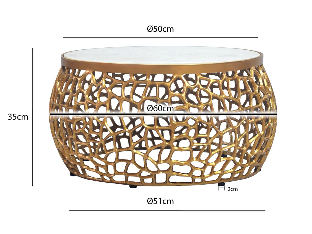 Rundt sofabord i aluminium med hvid marmorbordplade - Ø60 cm - Guld - Håndlavet