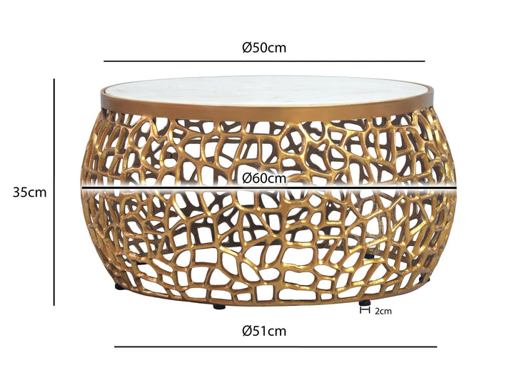 Rundt sofabord i aluminium med hvid marmorbordplade - Ø60 cm - Guld - Håndlavet