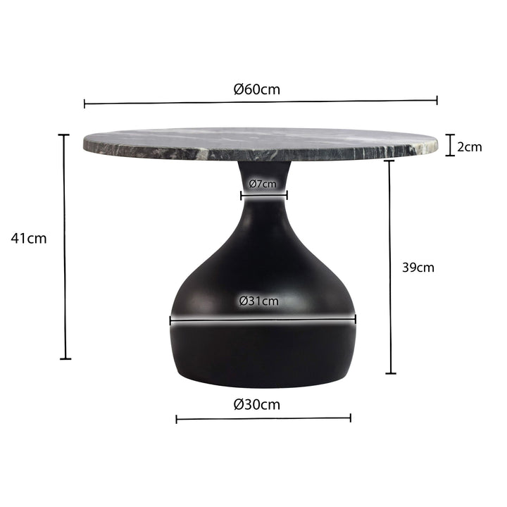 Rundt sofabord i aluminium med sort marmorbordplade - Ø60 cm - Håndlavet