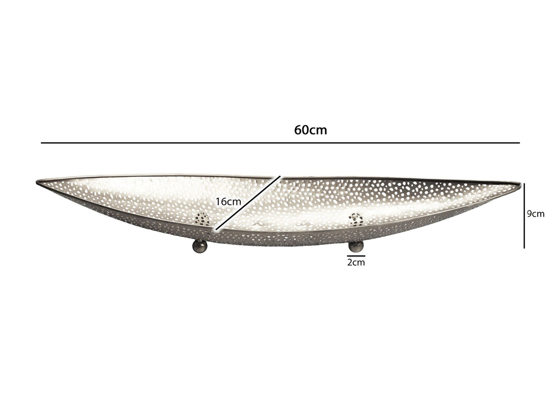 Frugtskål i sølvfarvet metal 60 cm – oval, aflang borddekoration – moderne frugtskål med fødder – elegant dekorationsskål – håndlavet frugtkurv