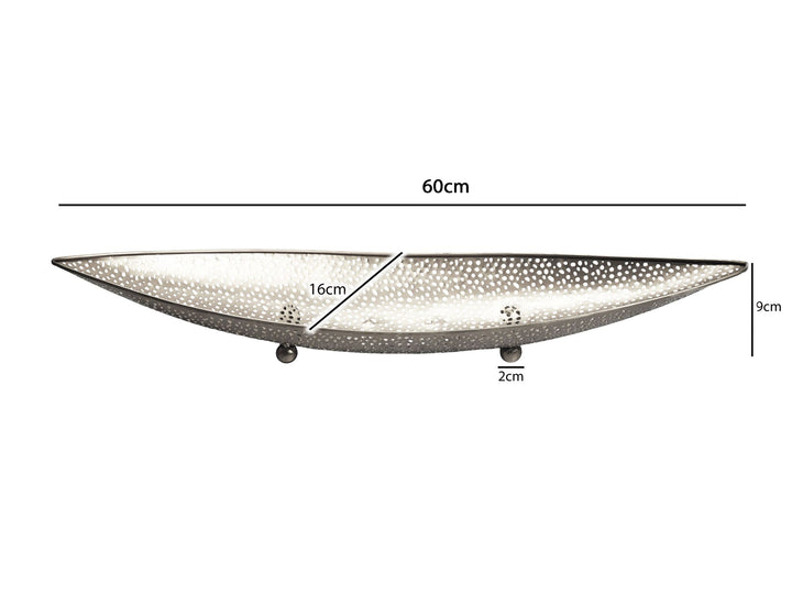 Frugtskål i sølvfarvet metal 60 cm – oval, aflang borddekoration – moderne frugtskål med fødder – elegant dekorationsskål – håndlavet frugtkurv