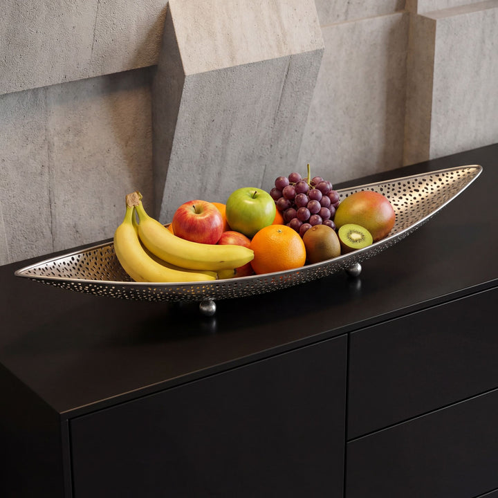 Frugtskål i sølvfarvet metal 60 cm – oval, aflang borddekoration – moderne frugtskål med fødder – elegant dekorationsskål – håndlavet frugtkurv
