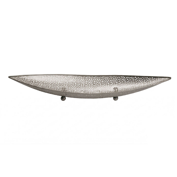 Frugtskål i sølvfarvet metal 60 cm – oval, aflang borddekoration – moderne frugtskål med fødder – elegant dekorationsskål – håndlavet frugtkurv