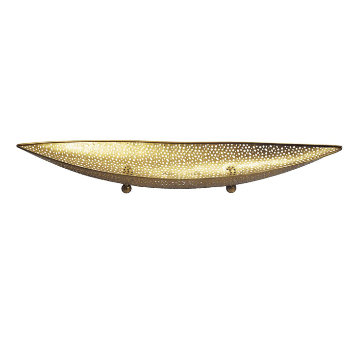 Frugtskål i guldfarvet metal 60 cm – oval, aflang borddekoration – moderne frugtskål med fødder – elegant dekorationsskål – håndlavet frugtkurv
