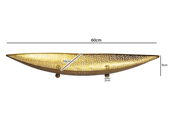 Frugtskål i guldfarvet metal 60 cm – oval, aflang borddekoration – moderne frugtskål med fødder – elegant dekorationsskål – håndlavet frugtkurv