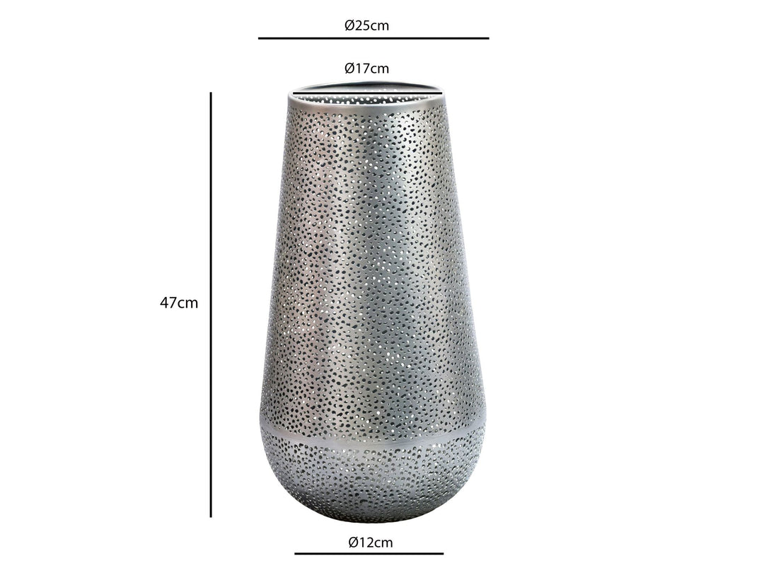 Dekorationsvase i sølvfarvet metal 47 cm – stor moderne blomstervase – rund gulvvase til tørrede blomster – høj stående vase – håndlavet boligdekoration