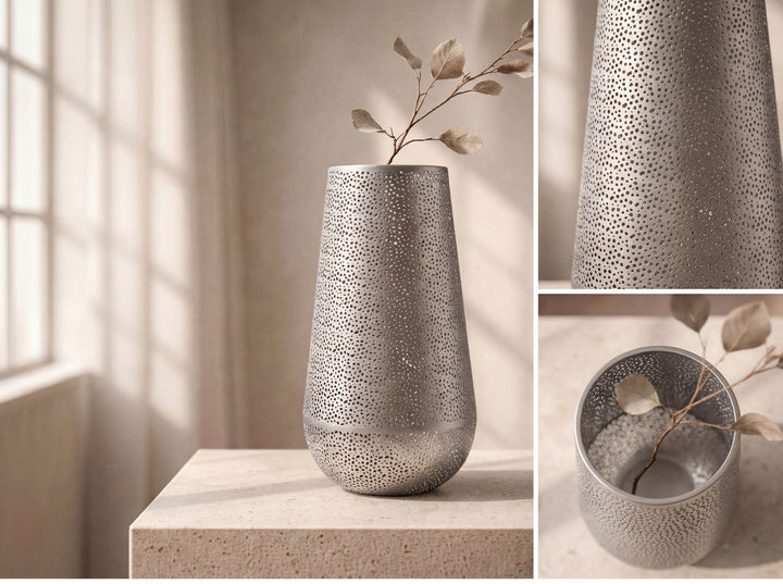Dekorationsvase i sølvfarvet metal 47 cm – stor moderne blomstervase – rund gulvvase til tørrede blomster – høj stående vase – håndlavet boligdekoration