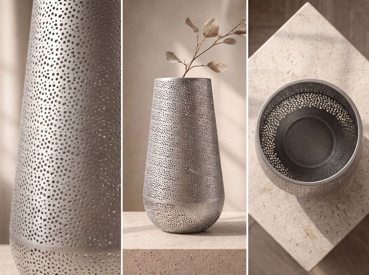Dekorationsvase i sølvfarvet metal 47 cm – stor moderne blomstervase – rund gulvvase til tørrede blomster – høj stående vase – håndlavet boligdekoration
