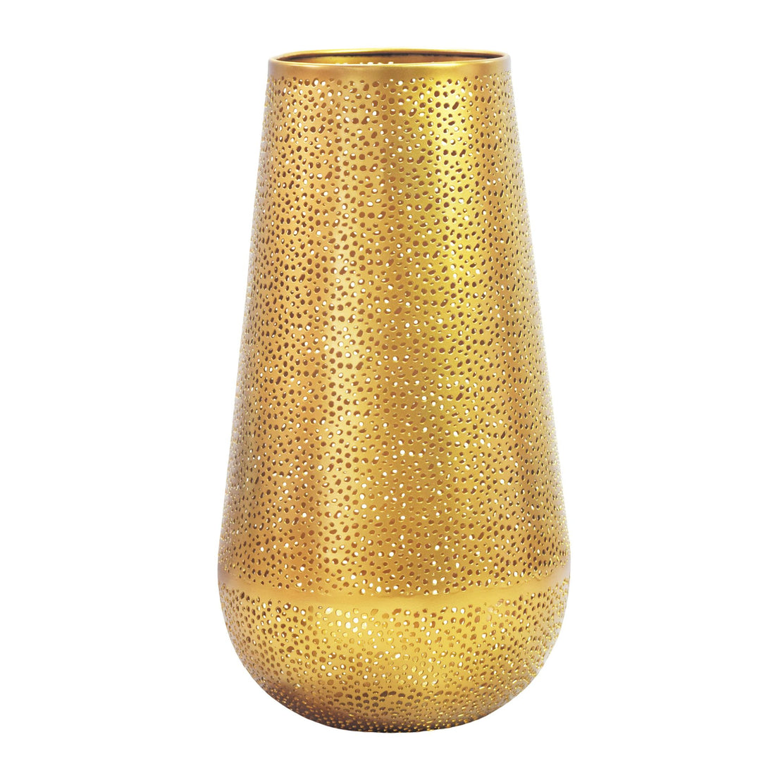Dekorationsvase i guldfarvet metal 47 cm – stor moderne blomstervase – rund gulvvase til tørrede blomster – høj stående vase – håndlavet boligdekoration