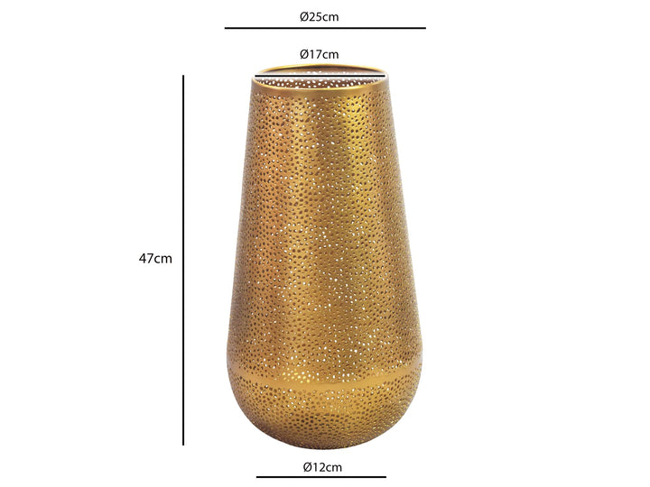Dekorationsvase i guldfarvet metal 47 cm – stor moderne blomstervase – rund gulvvase til tørrede blomster – høj stående vase – håndlavet boligdekoration