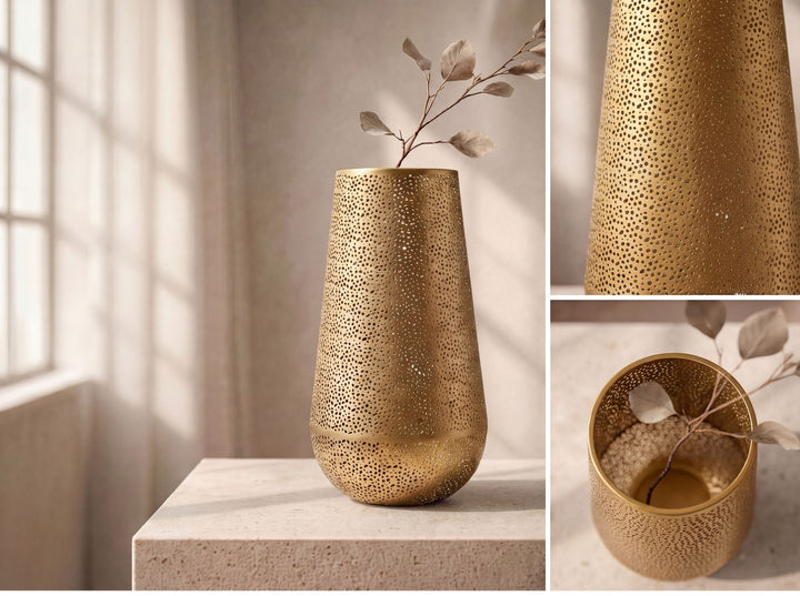 Dekorationsvase i guldfarvet metal 47 cm – stor moderne blomstervase – rund gulvvase til tørrede blomster – høj stående vase – håndlavet boligdekoration