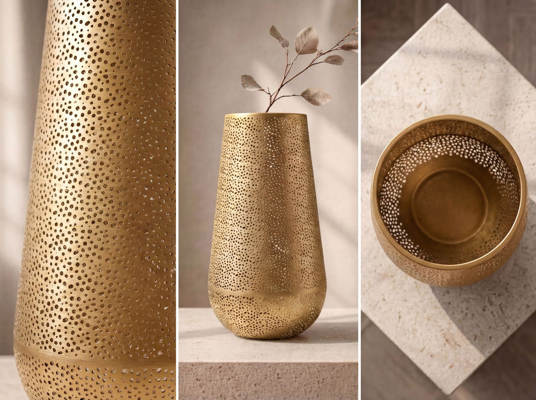 Dekorationsvase i guldfarvet metal 47 cm – stor moderne blomstervase – rund gulvvase til tørrede blomster – høj stående vase – håndlavet boligdekoration