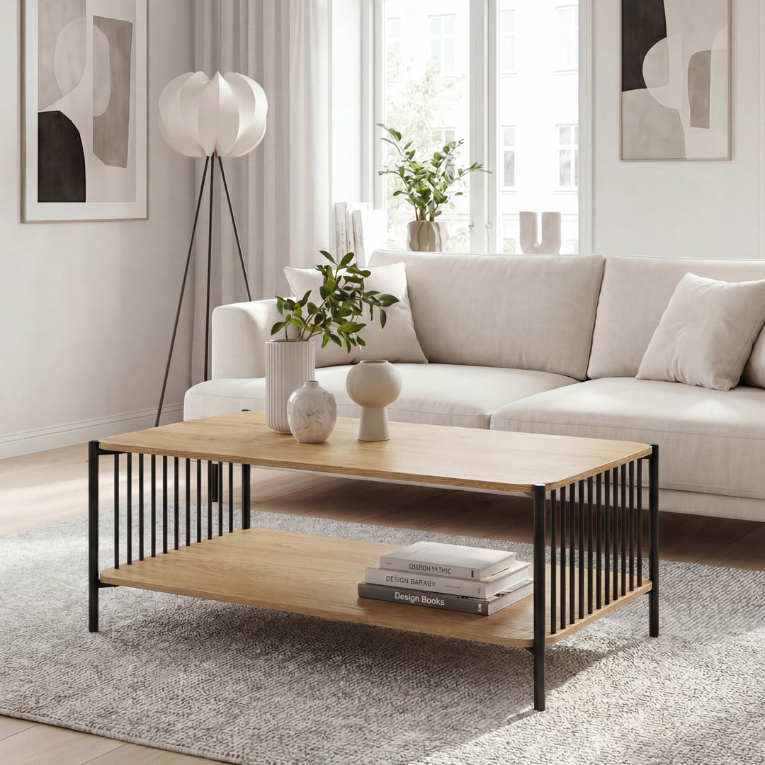Sofabord i egetræslook med hylde - 110 x 60 cm