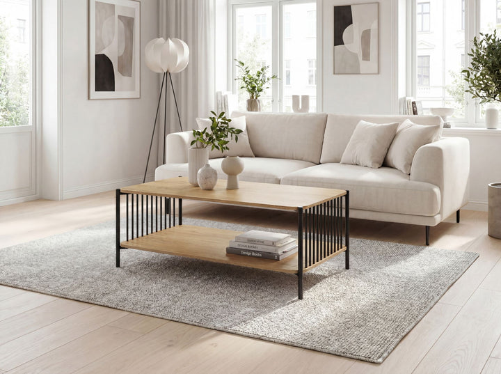 Sofabord i egetræslook med hylde - 110 x 60 cm