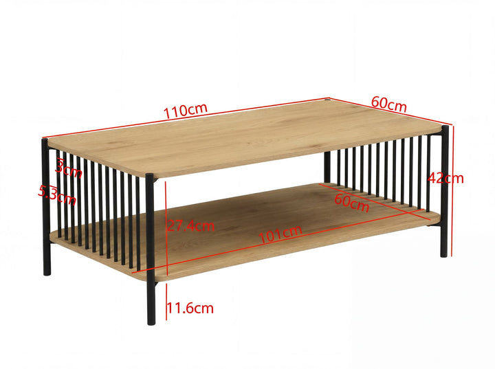 Sofabord i egetræslook med hylde - 110 x 60 cm